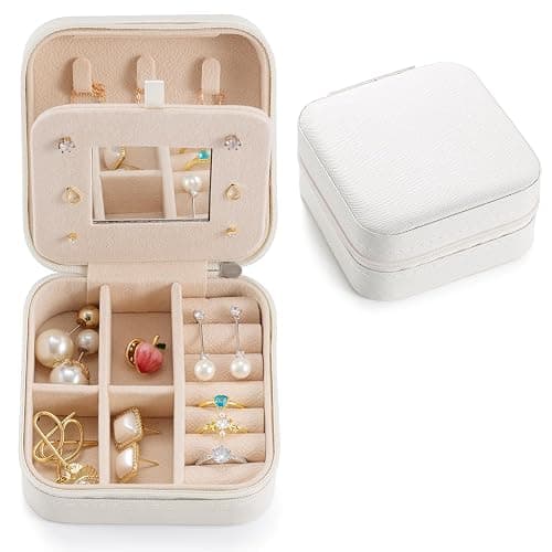 Small Travel Jewelry Case, To Go Portable Jewelry Box, Travel Jewelry Organizer,Portable Jewellery Storage Holder for Rings Earrings Necklace, Gifts for Girls Women with Mirror -White - Off-White - Image 1