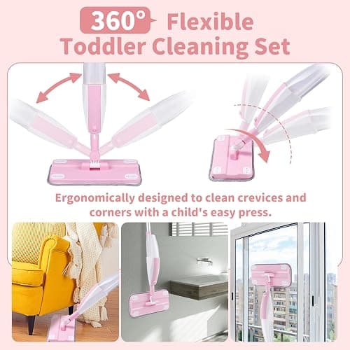 Lullulii Kids Spray Mop,Toddler Mop Cleaning Set, Real Working Mini Mop & Kids Broom Dustpan Set, Housekeeping Pretend Play Toy, Montessori Kid Cleaning Toy Set Includes Organizer Clip -Pink thumbnail 7