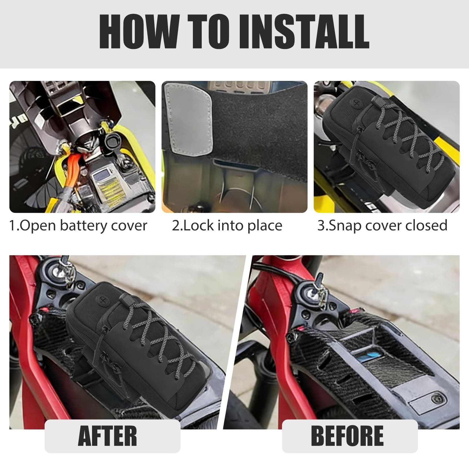 Waterproof Front Frame Storage Bag for Electric Dirt Bikes – Tool & Battery Pouch with Reflective Design, Wear-Resistant, Compatible with Surron Light Bee X/S, Talaria MX3 MX4 MX5, Segway X160 (Black) thumbnail 3