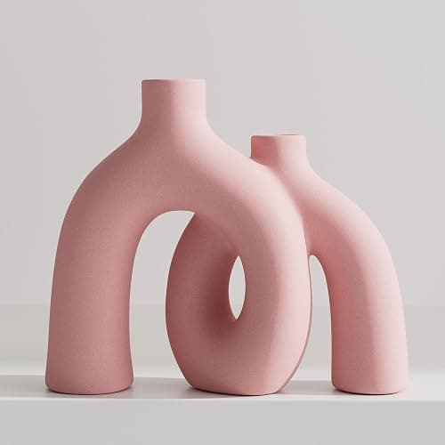 Hug Donut Decorative Vase Set - Light Pink Modern Glam Eclectic Style Vases Home Decor, Matte Ceramic Decorations for Living Room Shelf, Bookshelf Mantle Entryway Table or Console Décor(Pink) - Image 1