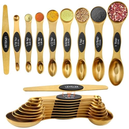 Gold Magnetic Measuring Spoons Set Stainless Steel with Leveler, Dual-Sided Stackable Metal Measuring Spoons for Baking & Cooking, Fits in Spice Jars, Heavy Duty Kitchen Gadgets, 8 Spoons & 1 Leveler - Image 1