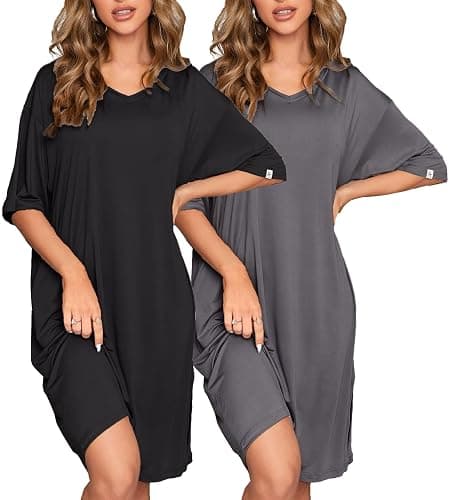 ft FENTENG 2-Pack Women's Nightgowns Short Sleeve Nightshirt V Neck Soft Sleepwear Casual Sleepshirts Loose Pajama Dress - Image 1