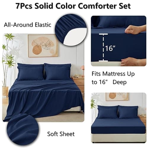 HIMEET Full Size Comforter Sets - 7 Pieces Navy Bed in a Bag, Soft Lightweight Bedding Set, All Season Bed Set with Comforter, Flat Sheet, Fitted Sheet, Pillowcases & Pillow Shams thumbnail 4