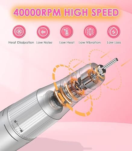 Portable Nail Drill Electric File: 40000RPM Professional Rechargeable Nail E-File Machine, Cordless Nail Drill with Bits & Base for Acrylic Nails Remove Nail Gel Polish Manicure for Salon Home, White thumbnail 4