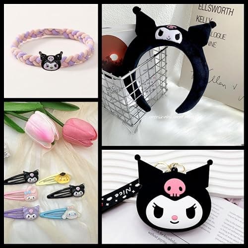 WINBBY 117Pcs Kawaii Cute Stuff Gifts Set Include Headband,Pouch, Hair Band, Hair Ties & Clips, Hairpin, Stickers, Necklace,Bracelet, Keychain(Black) thumbnail 4