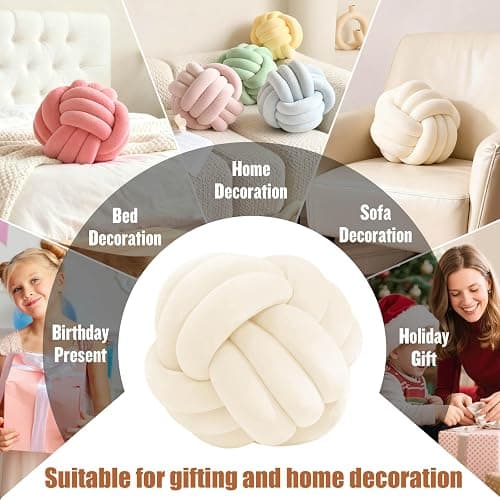 Adlbbkiy Ivory 8.6 Inches Knot Pillow Ball, Round Soft Handmade Knotted Ball Pillow Plush Cushion Home Decor, Knotted Plush Pillow Cushion, for Bedroom, Living Room Sofa, Office Decoration thumbnail 5
