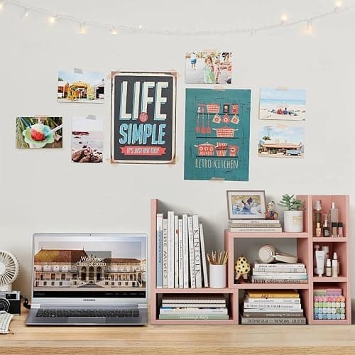 NUTIKAS Desk Shelves Desktop Orgnizer Shlef - Pink Office Organization for Top of Desk Organizers and Accessories Corner Bookshelf Table Top Shelving Small Hutch Decorations for Office thumbnail 2