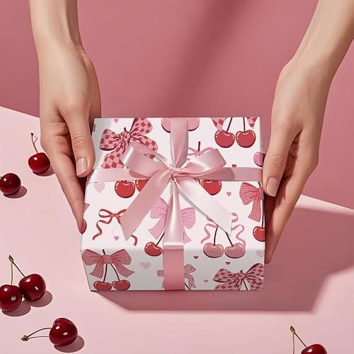 RUSPEPA Cherry Bow Wrapping Paper Roll, Valentine Gift Wrap, Pink and Red Wrap Paper for Girl Birthday, Valentine's Day, Bachelorette, Galentines, 17 Inch x 16.4 Feet thumbnail 5