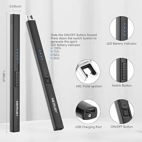 MEIRUBY Lighter Electric Candle Lighter Long Electronic Rechargeable USB Arc Windproof Flameless Lighters for Candle Camping BBQ Birthday Women's Day Gifts for Women Mom Wife Men, Balck thumbnail 2