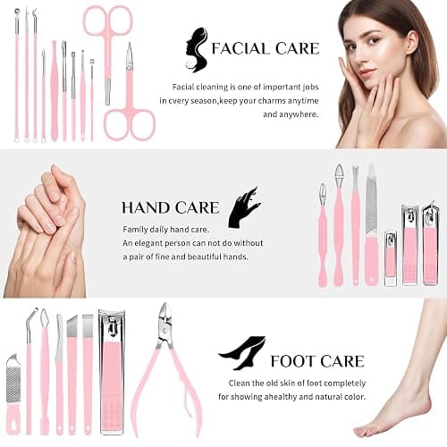 MINKINH 26-Piece Manicure Set for Women, Pink At-Home Nail Care Kit | Carbon Steel Nail Clippers, 410 Stainless Steel Tools, PU Organizer Case for Pedicure, Cuticle, Facial and Daily Self-Care thumbnail 4