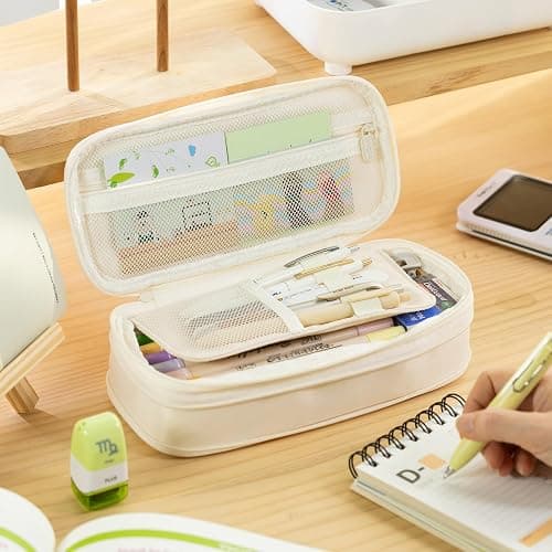 EASTHILL Big Capacity Pencil Case Large Pencil Pouch Stationery Pen Bag for Teen Girls-Cream - Cream thumbnail 2