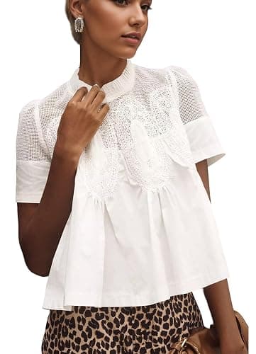 Burtell Women Swing Lace Blouse Summer Mock Neck Puff Short Sleeve Mesh Tops See Through A-Line Pleated Shirts Babydoll Top - Image 1