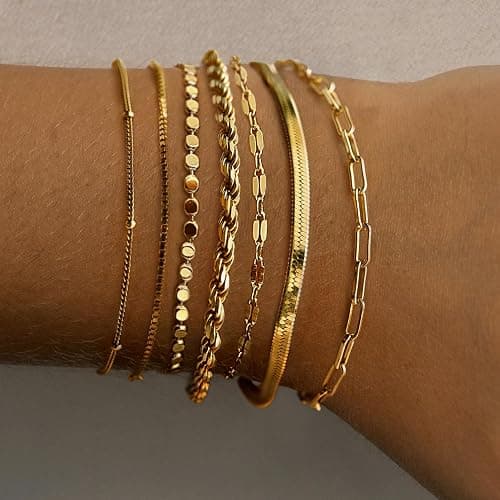 Amicon Gold Bracelets for Women,Dainty 14K Gold Plated Stack Set Trendy Stackable non tarnish Paperclip Chain Bracelets Gold Jewelry Sets Gifts for Women thumbnail 2
