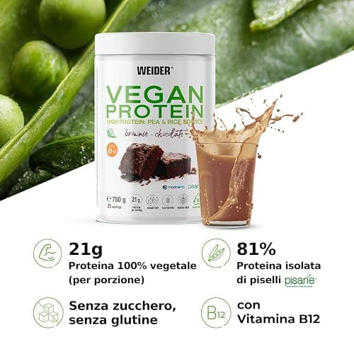 Weider Vegan Protein (750g) Gusto Cioccolato. Proteine Vegane 21g/dose isolate di piselli e riso, Con Vitamina B12 e Stevia, Senza Glutine, Senza Zucchero, Contenitore 50% Riciclato, 100% Riciclabile - 750g - CIOCCOLATO BROWNIE thumbnail 2