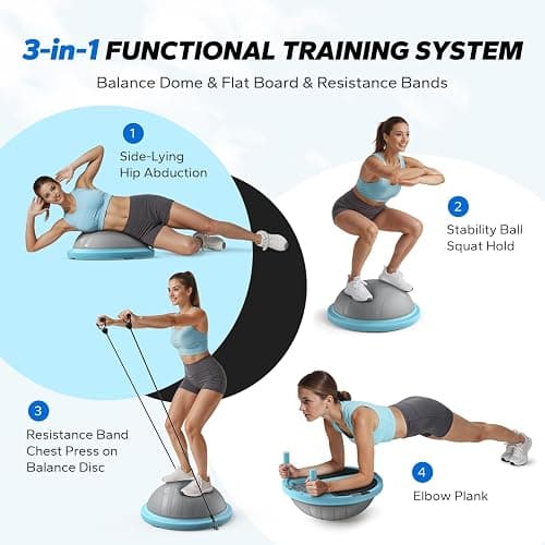 MERACH Balance Ball Trainer, 18 Inch Half Exercise Ball with Resistance Bands and Foot Pump, Half Yoga Ball for Core Strength Training, 450lb Capacity thumbnail 3