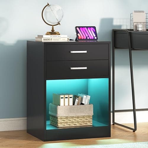 ADORNEVE LED Nightstands Set of 2,Night Stands for Bedrooms Set of 2,Nightstand with Charging Station and LED Lights,Black Bedside Table with Power Outlets & Drawers,Modern End Side Table thumbnail 9
