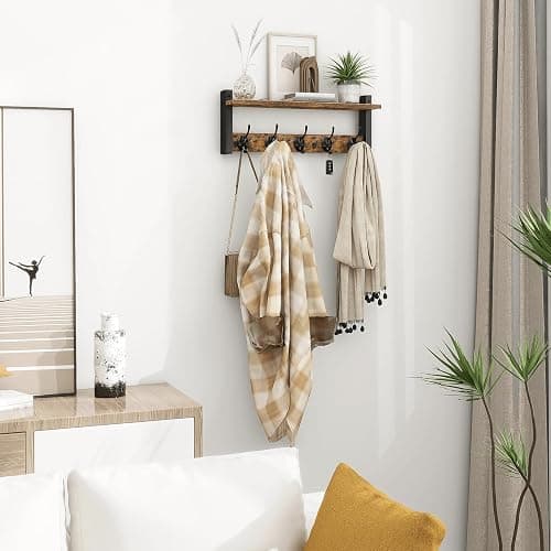 Homode Wall Hooks with Shelf, Wood Coat Rack with Shelf Wall-Mounted, Entryway Hanging Shelves with 5 Metal Hooks for Clothes Hats Towel Purse Robes, Bathroom Mudroom Bedroom, Rustic Brown Black thumbnail 8