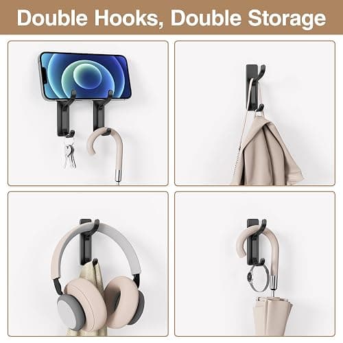 BATHROOM | Amazon | Adhesive Wall Hooks for Towels Coats - Stick On Hooks Hanging Heavy Duty (13lb), Metal Hook for Door, Bathroom, Dorm, Closet - Hanger for Purse, Bag, Robe,Backpack - No Damage to Wall - Black 4 Pack - Black - 4 Pack thumbnail 4