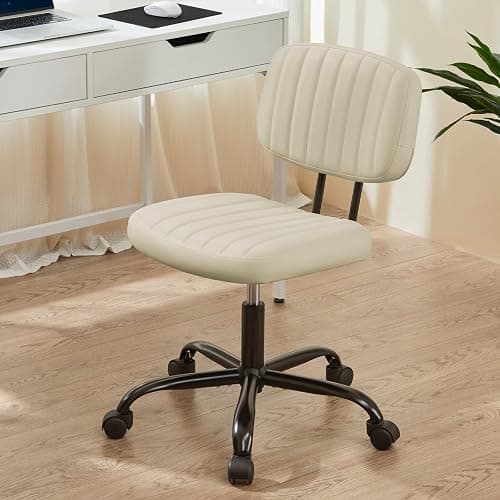 Sweetcrispy Office Desk Chair, Small Vanity Chair, Lumbar Support | Armless PU Leather, Height Adjustable Rolling Swivel Task, Bedroom Home Student, Beige White - Image 1