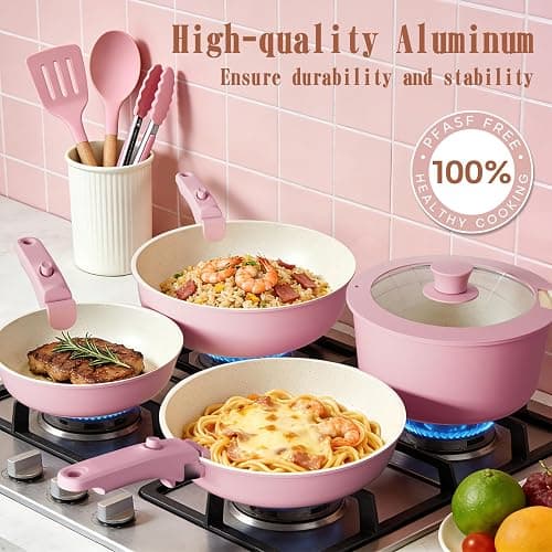 Umite Chef Pots and Pans Set Non Stick, 21 pcs Nonstick Ceramic Cookware Set, RV Kitchen Cooking Set with Detachable Handles, Oven Safe, Induction Cookware, Stackable, Pink, PFAS PFOA & PTFE Free thumbnail 4