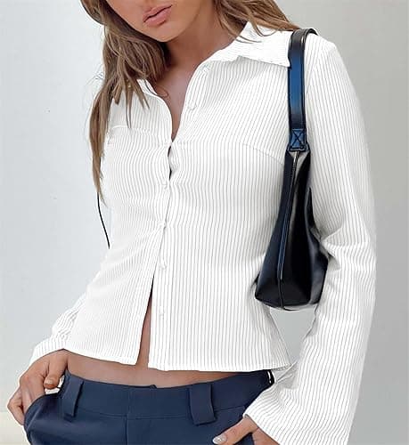 ECHOINE Women Button Down Shirts Long Sleeves Slim Fitted Casual Collared Blouses Work Striped Tops thumbnail 5