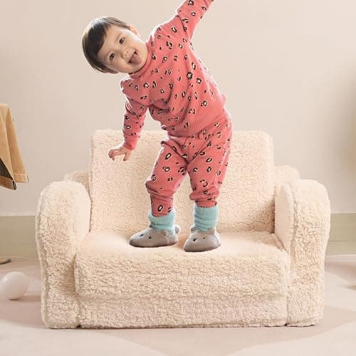 MOMCAYWEX Kids Sofa, 2-in-1 Flip-Out Foam Couch with Soft Sherpa Cover, Cozy Play Lounge Chair, Cream thumbnail 2