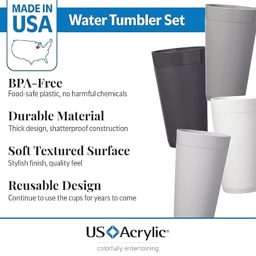 US Acrylic Newport 20 ounce Unbreakable Plastic Stackable Water Tumblers in Grey Stone | Set of 12 Drinking Cups | Reusable, BPA-free, Made in the USA, Top-rack Dishwasher and Microwave Safe thumbnail 2