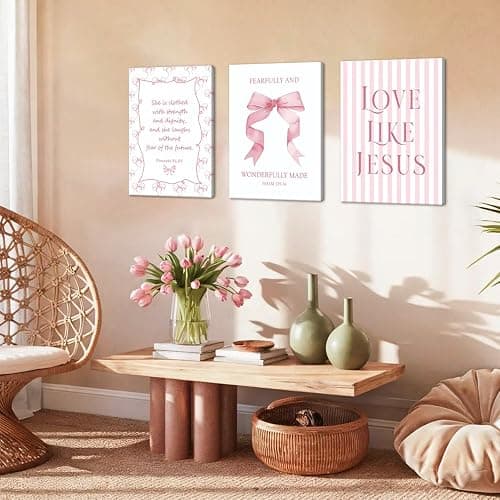 Coquette Pink Bow Wall Art Set of 3, Light Pink Christian Wall Decor Pictures, Jesus Verses Bible Canvas Posters Paintings Preppy Prints for Teen Girls Dorm 12 Year Old Girl Room 12x16 Inch Framed thumbnail 6