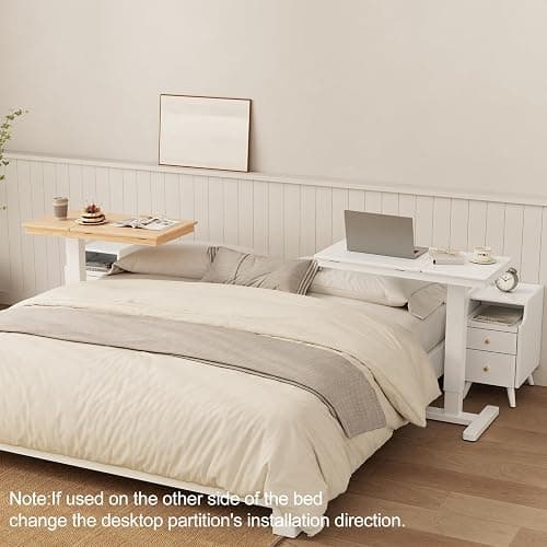 Muwuele Solid Wood Overbed Bedside Table with Wheels, Adjustable Medical Tilt Top Hospital Bed Table Over The Bed, Rolling Laptop Desk, Mobile Standing Desk for Hospital and Home Use (White) thumbnail 7