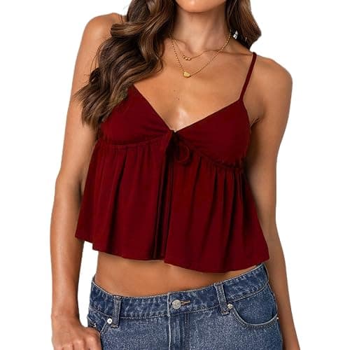 Women's Y2K Babydoll Cami Top Sleeveless V Neck Tie Front Crop Top Ruffle Hem Peplum Tank Shirt Going Out Camisole - Image 1