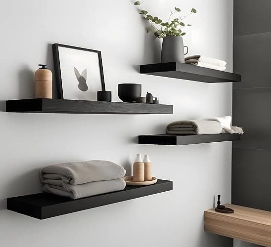 YFYEO Black Wood Floating Shelves for Wall Rustic Wall Shelf for Bedroom Living Room Set of 4 thumbnail 6