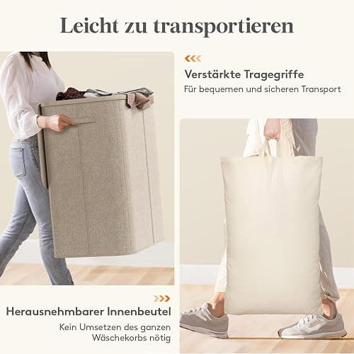 Lifewit 165L Wäschekorb mit Deckel und 3 Fächern, Beige | Großer faltbarer Wäschesortierer mit 3 Wäschesäcken und Tragegriffen für Schlafzimmer, Bad und Waschküche thumbnail 7