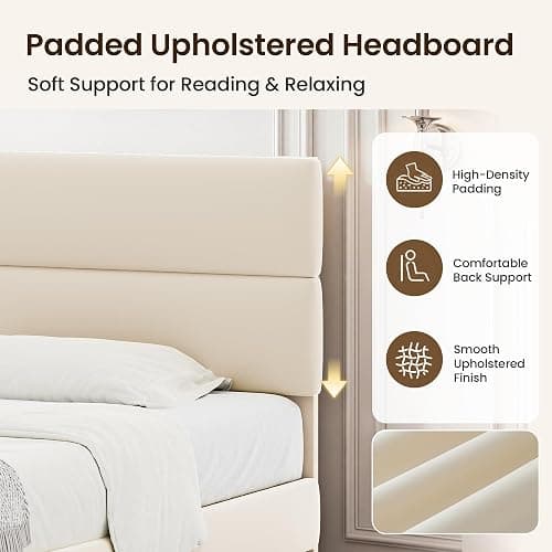 GRUSIGN Queen Size Platform Bed Frame with Velvet Headboard, Adjustable Height Wooden Slats Support, Upholstered Mattress Foundation, Fits Mattress or Mattress with Box Spring, Easy Assembly, Beige thumbnail 5