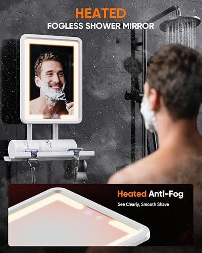 Heated Shower Mirror Fogless for Shaving 2025 New, 3 Colors Stepless Dimmable Lights Anti Fog Shower Mirror, Fog Free Mirror for Shaving with Razor Holder for Men, NO-Drilling, Removable - White thumbnail 3