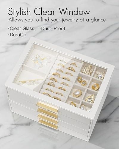 Vlando Jewelry Box for Women, Glass Lid Jewelry Organizer with 4 Drawers for Necklaces Rings Earrings Bracelets Christmas Gift - White thumbnail 5