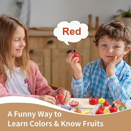 WHOHOLL 43 Pcs Wooden Play Food for Kids Play Kitchen Accessories Playset with Basket, Pretend Cutting Food Toys for 3 4 5 6 Year Old, Vegetables Fruits Toys Christmas Birthday Gifts for Girls Boys thumbnail 6