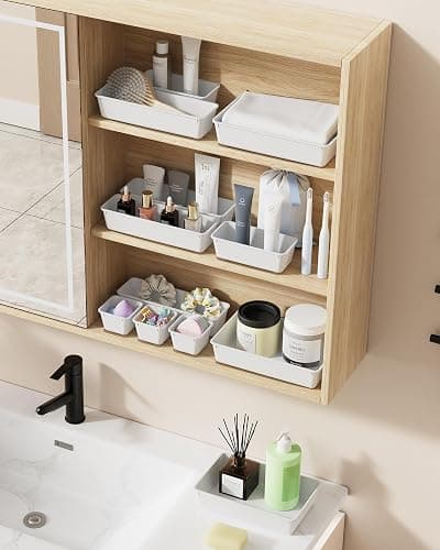 BiuLeon 25 PCS Plastic Drawer Organizers Set, 4-Sizes Vanity and Makeup Organizer, Desk and bathroom Drawer Organizer Trays, Organizers and Storage for Makeup, Jewelry, Gadgets, Utensils (White) thumbnail 2