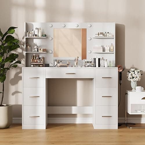 Furmax Vanity Desk with Mirror, LED Lights and Power Outlet Makeup Vanity Table with 7 Drawers and 6 Storage Shelves Dressing Table for Bedroom Dressing Room (White) thumbnail 6