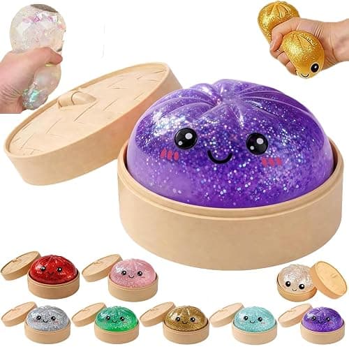 Dumpling Squishy, Glitter Mystery Dumplings Box, Squishy Dumpling Stress Relieving Toy, Soft Squeeze Decompression Dough, Interesting, with Food Steamer Stretchy Desk Toys (B-Purple) - Image 1
