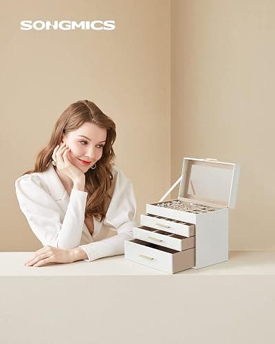 SONGMICS Jewellery Box with Glass Lid, 4-Layer Jewellery Storage Organiser with 3 Drawers, Plenty of Storage, Modern, Gift Idea, 15.3 x 25.1 x 21.5 cm, Cloud White and Gold Colour JBC161W01 thumbnail 2