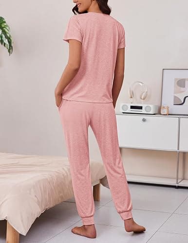 Ekouaer 2 pack Pajama Sets for Womens Jogger Pants Pjs Short Sleeves Lounge Set Soft Sleepwear with Pockets thumbnail 5