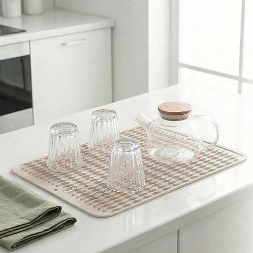 MicoYang Silicone Dish Drying Mat — Quick-Dry Ridges Counter & Sink Pad, Heat-Resistant Trivet to 450°F, Non-Slip & Dishwasher Safe, Roll-Up Storage, 18 Colors & 9 Sizes (Tapioca, 16"×12") thumbnail 2