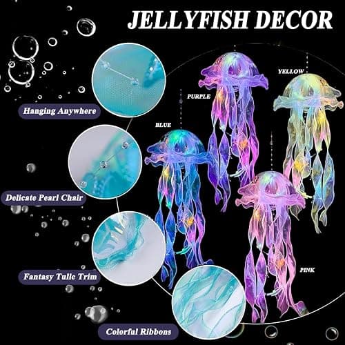 Jellyfish Decor, 4 Pcs Jellyfish Lanterns Lamp for Mermaid Theme Party, Hanging Colorful Jelly Fish Decoration Lights for Birthday Party Under The Sea Party Decoration for Women Girl Baby (4 Colors) thumbnail 2