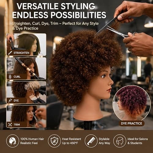 African Mannequin Head with 100% Human Hair Mannequin Head Curly Cosmetology Manican Mannequins Heads with Stand for Display Practice Braiding Styling Training Head Hair Styling thumbnail 6