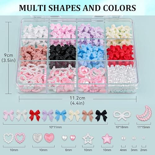 600 Pcs 3D Nail Bow Charms and Flatback Pearls Nail Charms Set 1 | 8 Colors Nail Bows Pink White Star Heart Moon Cute Nail Gems and Charms, 2-4mm White Pearls for Nails Art Designs thumbnail 2