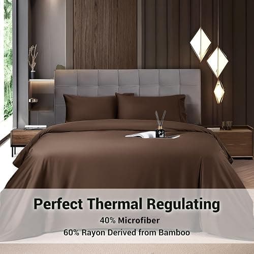 Shilucheng 4 Piece Queen Sheet Sets, Cooling Sheets, Blend Rayon Derived from Bamboo, Deep Pocket Up to 16", Breathable & Soft Bed Sheets, Hotel Silky Bedding Set, Brown thumbnail 2