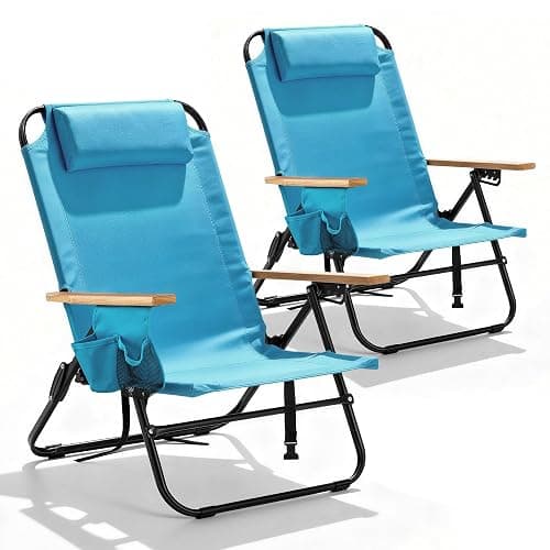Canpsky 2 Pack Premium 5-Position Reclining Camping Chair - Portable Folding Lightweight Outdoor Chair with Wooden Armrests, Headrest & Pockets, 350lbs Heavy Duty for Beach, Patio, Backyard, Blue - Image 1