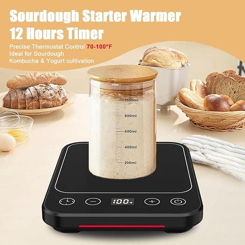 Sourdough Starter Warmer Mat, 12H Timer Warming Heating Pad, Precise 1°F Thermostat Control (70-100°F), Smart Memory Warming On/Off, Fits Jars Up to 40oz, Perfect for Home Baking (Full LCD Screen) thumbnail 4