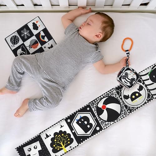 KUANGO 3 Pcs Black and White High Contrast Baby Toys for Newborn, Montessori Sensory Soft Book for Early Education, Infant Tummy Time Toys 0-9 Months Baby Gifts thumbnail 2