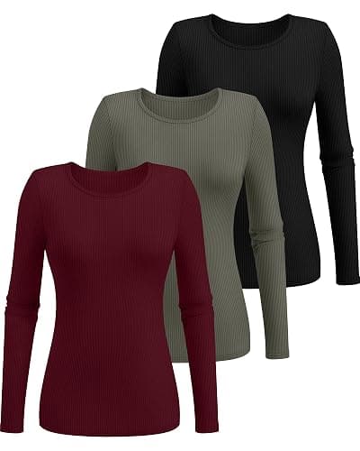 Ficerd 3 Pack Women's Ribbed Long Sleeve Tops, Crew Neck Slim Fit Undershirts Knit Basic Casual Stretch Layering Tee Shirts thumbnail 4